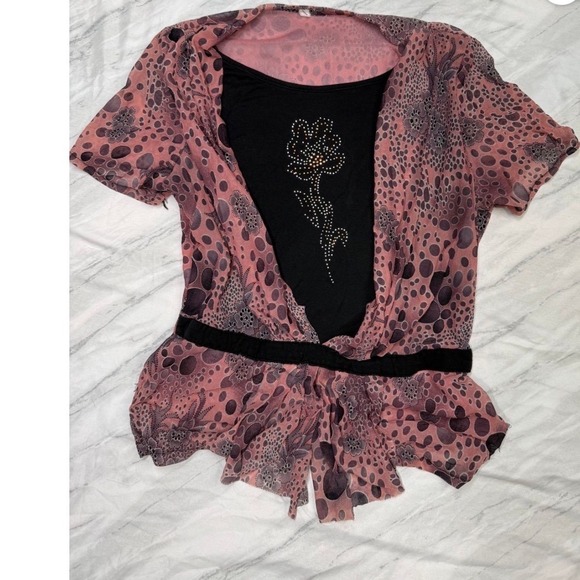 Tops - Vintage Y2K Pink Mesh Floral Layered Rhinestone Graphic Top Short Sleeve‎ Pink L
